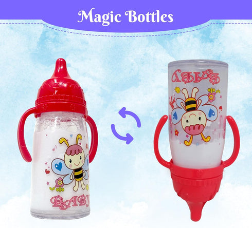 Baby Doll Bottles with Magic Disappearing Milk & Juice Playset, 6pc Pretend Baby Doll Accessories Set 4 Doll Feeding Toy Bottles and 2 Pacifiers, ...