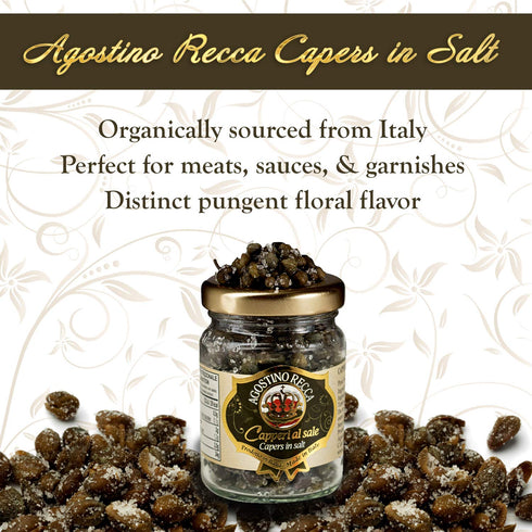 Agostino Recca Capers in Sea Salt - Pickled Capers Best for Sauces, Meats, & Garnishes (2.2 oz)...