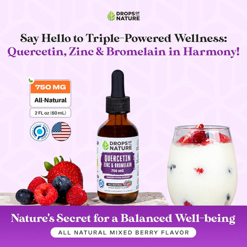 Quercetin with Bromelain & Zinc Liquid Drops - 750mg Immune Support for Adults & Kids | Ultra-Concentrated Bioflavonoids | Immune Defense | Cellul...