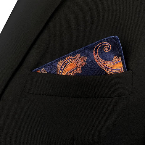 SHLAX&WING Paisley Navy Blue Orange Yellow Handkerchief Mens Ties Silk...
