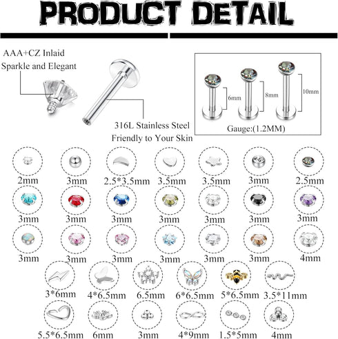 Medusa Lip Piercing Jewelry 16G Stainless Steel 6mm 8mm 10mm Monroe Lip Rings for Women Men Labret Nose Studs Bee Butterfly Flower Snake Tragus He...