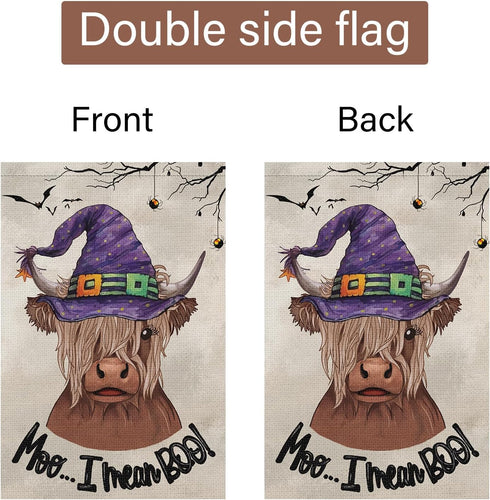 Louise Maelys Halloween Highland Cow Garden Flag 12x18 Double Sided, Burlap Small Welcome Boo Halloween Witch Hat House Flags Seasonal Holiday Out...