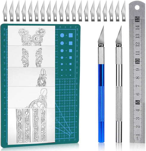 34 Pack Craft Knife Exacto Knives Kit, 2 Precision Hobby Knife with 20 Spare Art Knife Blades and Carving Pattern Description Paper for Art, Scrap...