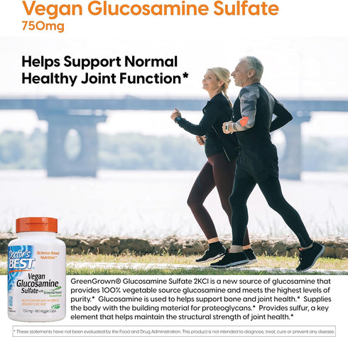 Doctor's Best Vegan Glucosamine Sulfate, Joint Support, Non-GMO, Vegan, Gluten Free, Soy Free, 750 mg 180 Veggie Caps (Pack of 1)...