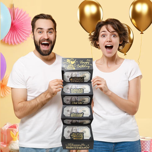 HOMANGA Birthday Money Envelope for Cash Gifts, Surprise Cash Envelope for Men Women Kids, Birthday Gift Card for Men Women Girls Boys, Black Gold...