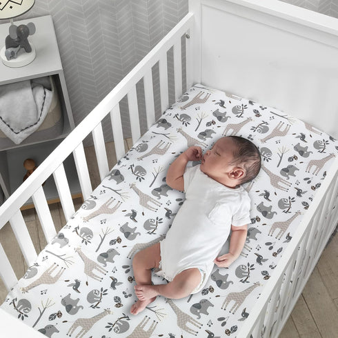 Lambs & Ivy Baby Jungle Animals White/Gray/Taupe Cotton Fitted Crib Sheet...