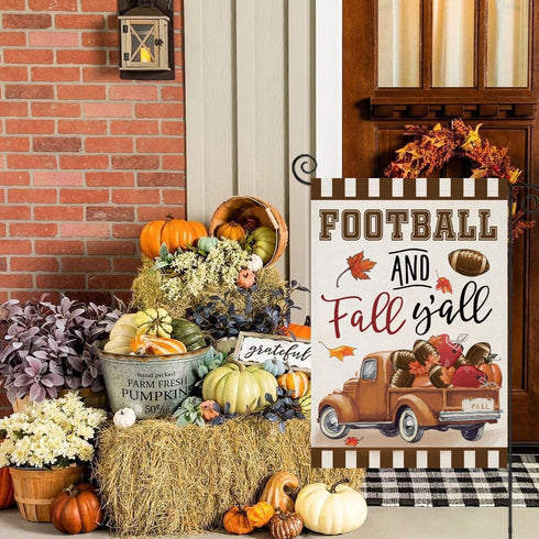 Welcome Thanksgiving Fall Garden Flags for Outside Decorations, FOOTBALL and Fall Y'all Truck with Maple Leaves Small Yard Flag, Harvest Autumn Se...