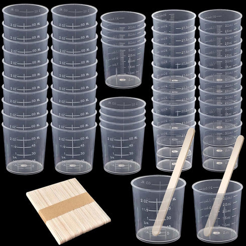 Coopay 50 Pack 60ml/2oz and 30ml/1oz Plastic Graduated Cups Transparent Scale Clear Epoxy Mixing Cup with 50 Pack Wooden Stirring Sticks for Resin...