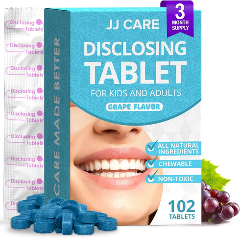 JJ Care Disclosing Tablets for Teeth- 102 Count Grape Flavored Plaque Disclosing Tablets for Kids and Adults, 3 Month Supply of Teeth Coloring, In...