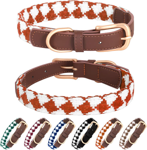 Bolux Leather Cute Dog Collar, Adjustable Soft Paded Cute Dog Collar for Small Medium Large Dogs, Classic Breathable Pet Collar with Checkered Pat...