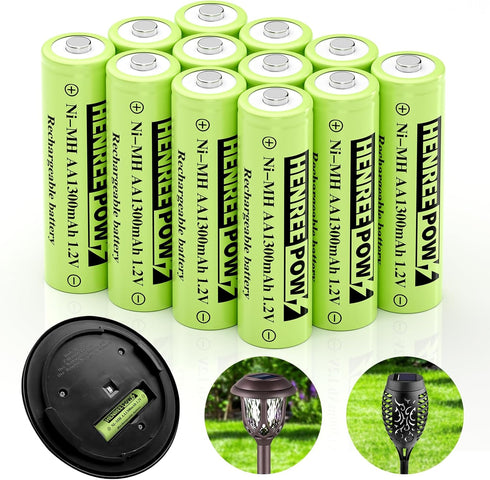 Henreepow AA Ni-MH Rechargeable Batteries, Double A 1.2V 1300mAh High Capacity Pre-Charged Solar Batteries, Perfect for Solar Garden Lights,Landsc...