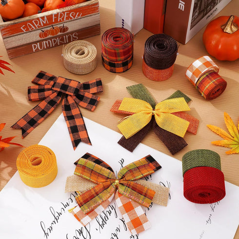 Whaline 10 Rolls 50 Yards Plaid Burlap Ribbon Rolls 1 Inch Fall Wrapping Ribbon Thanksgiving Ribbon Autumn Decorative Ribbon for Autumn Harvest Th...