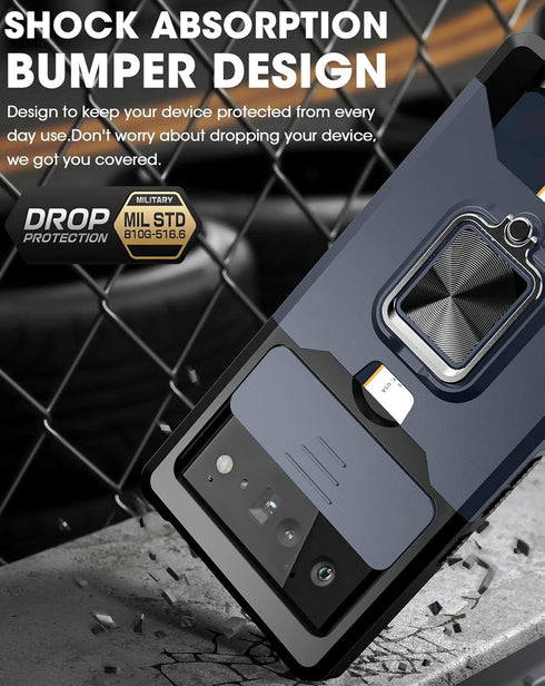 Compatible for Google Pixel 6 2021 Case with Camera Cover & Kickstand, Slide Lens Cover+Rotate Ring Stand+Card Holder, Impact-Resistant, Full Prot...