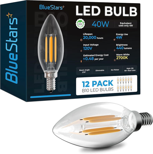 BlueStars 12-PACK B10 E12 LED Bulbs DIMMABLE 4W 2700K Warm White Light, 40W Equivalent, E12 Candelabra Base B10/B11 Bullet Shape 440 lumens for Ce...