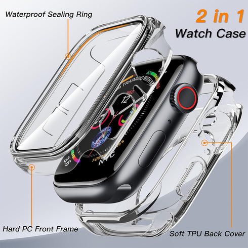 COOLQO 2 Pack Waterproof 2 in 1 Case Compatible for Apple Watch 40mm SE 2nd 2023 SE 6 5 4, with 9H Tempered Glass Screen Protector, Full Body Cove...