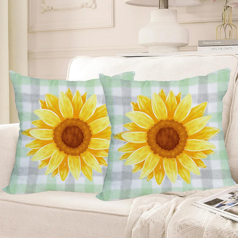 2 Pack Waterproof Sunflower Pillow Covers 16x16 Inch Green Buffalo Plaid Yellow Floral Throw Pillow Cases Spring Summer Holiday Farmhouse Decorati...