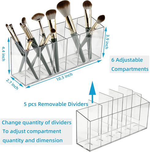 Pen Holder Makeup Brush Holder 6 Compartments Organizer with Removable Dividers for Desk Cosmetic Storage Office Accessory Bathroom Kitchen Deskto...