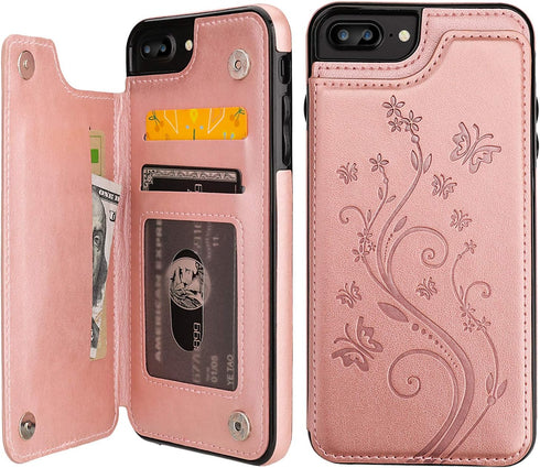 Vaburs for iPhone 7 Plus/8 Plus Case Wallet with Card Holder, Embossed Butterfly Premium PU Leather Double Magnetic Buttons Flip Shockproof Cover ...
