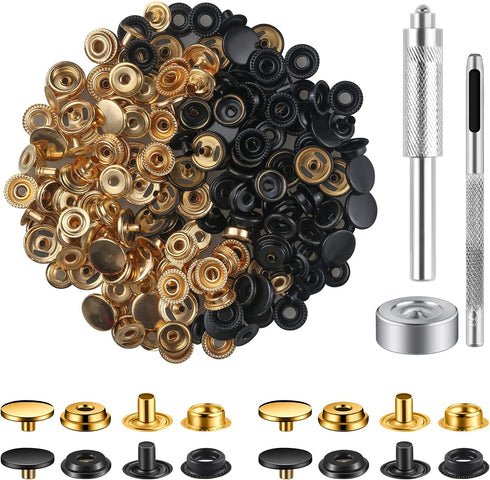 200 Pcs (50 Sets) 5/8 inch (15mm) Leather Snap Fastener Kit Tool Snaps for Leather Stainless Snap Buttons for Bag, Jeans, Clothes, Fabric (Gold+Bl...