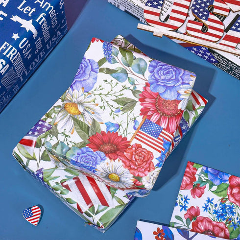 Whaline 10 Sheets Patriotic Floral Wrapping Paper 4th of July Flower Bouquet Star American Flag Gift Wrap Paper Bulk Folded Flat DIY Craft Art Pap...