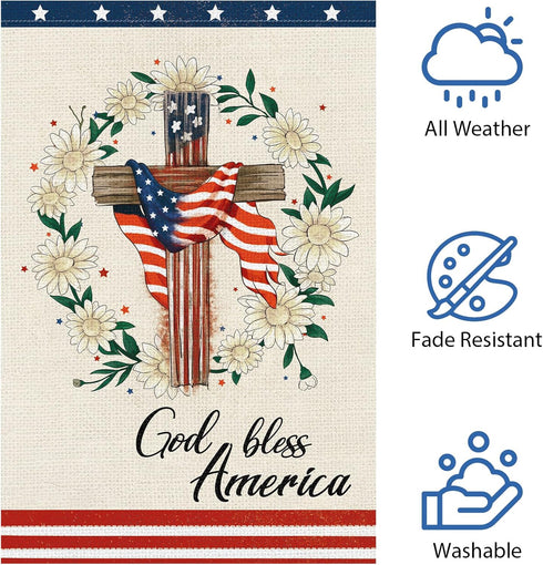 God Bless America 4th of July Garden Flag 12x18 Inch Double Sided, Patriotic Religious Cross Yard Flags Independence Day Daisy Flower Yard Banner ...