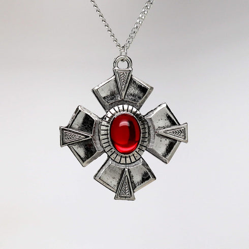 Medallion with Red Cabochon Medieval Renaissance Silver Finish Pendant Necklace...