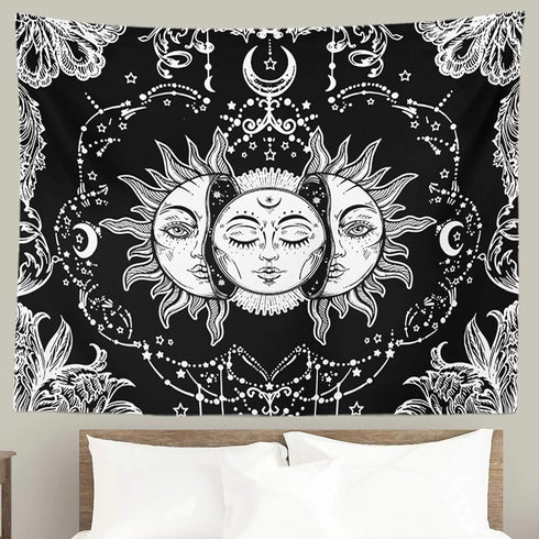 Ftuency Sun and Moon Tapestry, Black and White Tapestries Mystic Burning Sun with Star Wall Hanging decor for Bedroom (59" W x 51" L)...