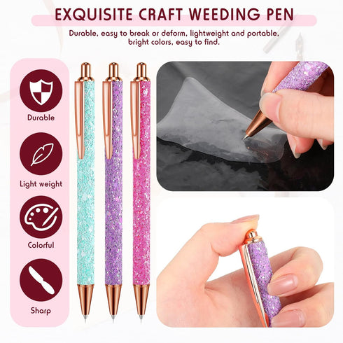Epakh 3 Pieces Weeding Pen Vinyl Pen Pin Weeding Tool Retractable Pin Pen Fine Point Weeding Pin Pen Glitter Metal Vinyl Air Release Installation ...
