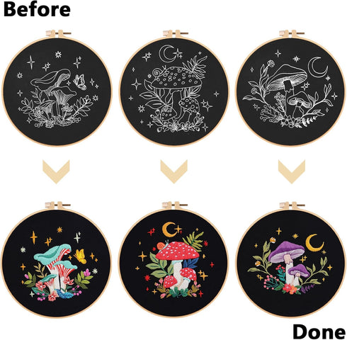 Nuberlic 3 Pack Embroidery Kit for Beginner Adults, Stamped Cross Stitch for Embroidery Starters with Mushroom Patterns Include 3 Embroidery Hoop,...