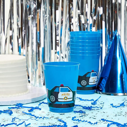BLUE PANDA 16 Pack Plastic Police Cups for Kids, Car Party Favors for Birthday Party Supplies (16 oz)...