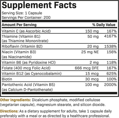 Futurebiotics Vitamin B Complex with Vitamin C Supports Energy Production, Nervous System & Immune Support - Non-GMO, 200 Vegetarian Capsules...