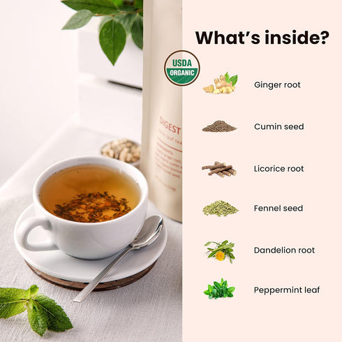 Gardenika Organic Digestive Loose Leaf Tea, Stomach Ease Herbal Caffeine-Free Leaves, Ayurvedic Blend with Dandelion Root, Ginger, Peppermint, Lic...