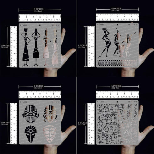 CrafTreat Tribal Stencils for Painting on Wood, Wall and Tile - Tribal Potters, Tribal Daily Chores, Congo Mask and Tribal Faces Background - 4 Pc...