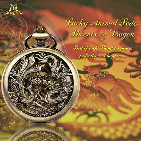 ManChDa Mechanical Pocket Watch for Men Women Dragon and Phoenix Pocket Watch with Chain...