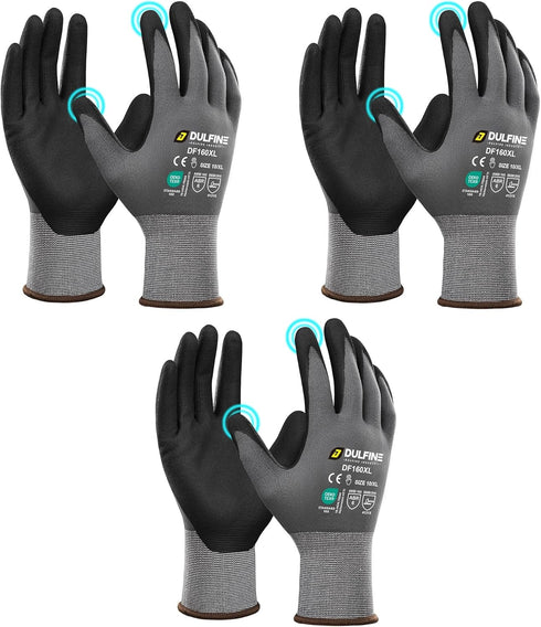DULFINE Safety Work Gloves MicroFoam Nitrile Coated-3 Pairs Pack,Seamless Knit Nylon Glove with Black Micro-Foam Nitrile Grip,Ideal for General Pu...