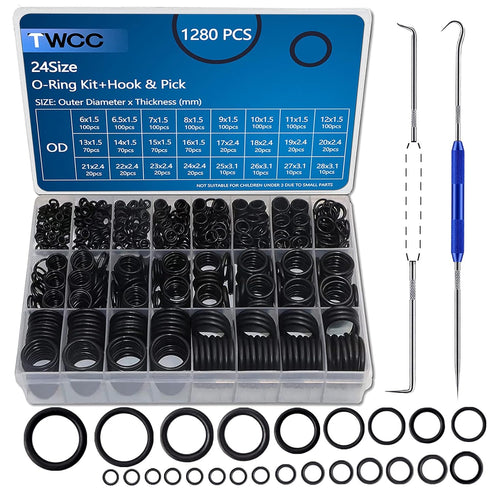 1280 Pcs 24 Size Rubber O-Ring Assortment Kit with Pick and Hook Set for Pressure Washer Faucet Plumbing OD 6mm-28mm...