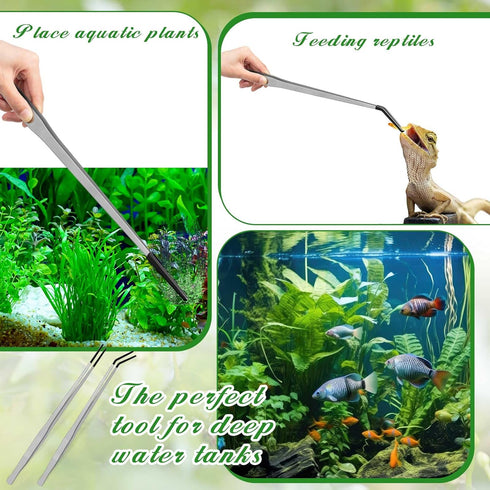 2 Pcs Extra Long Stainless Steel Reptile Feeding Tongs with Rubber Tip Bearded Dragon Aquarium Straight and Curved Long Tweezer Terrarium Feeder T...