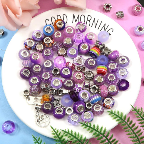 TOAOB 100pcs Assorted European Large Holes Beads Purple Spacer Lampwork Glass Craft Beads Assortments Rhinestone Metal Beads for DIY Charms Bracel...