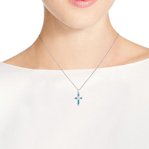 AeraVida Elegant X Cross Simulated Turquoise Inlay .925 Sterling Silver Pendant Necklace...