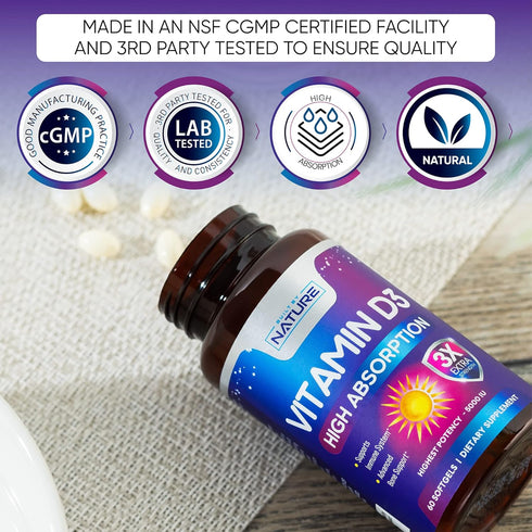 Vitamin D3 High Potency 5000 IU (125 mcg), Bone, Teeth, Muscle & Immune Health Support, Non-GMO, Gluten-Free, 2 Month Supply in Rapid-Release High...