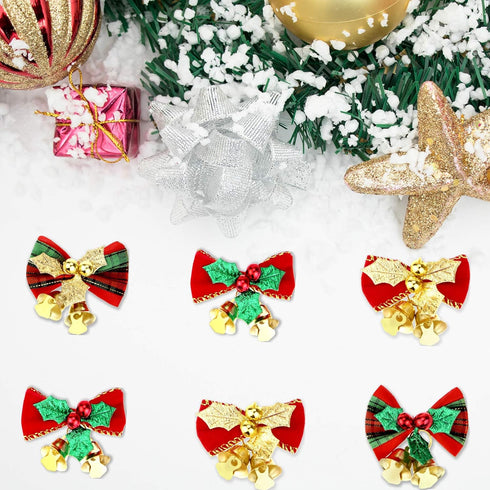 20 Pcs Christmas Mini Bow with Bells, 4 Styles - Traditional, Rustic, Whimsical, Minimalist - Red, Green, Gold - Christmas Ornaments...