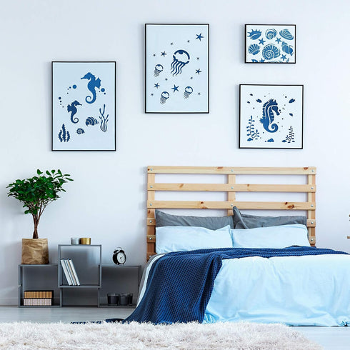 Zonon 9 Pieces Sea Animal Stencils Flower Mermaid Stencil Ocean Stencil Templates for Painting Crafts Reusable DIY Cards Making Scrapbook Summer S...