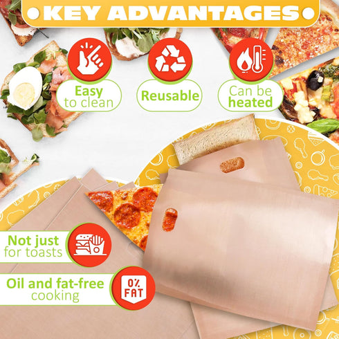 12Pcs Non-Stick Toaster Bags Reusable – 6.7"x7.5" Grilled Cheese Bags, Heat-Resistant & Easy to Clean | Mess-Free Toasting, Sandwiches, Panini & M...