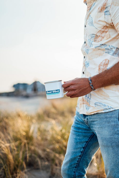 Good Vibes Retro Camper Enamel Mug, Camping Coffee Mug, Beach Surf Lover Gift, Camp Outdoor Mug (12oz)...