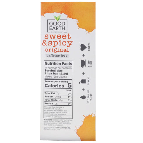 Good Earth Sweet & Spicy Caffeine Free Herbal Tea - 2 Pack w/ 25 Tea Bags per Box...