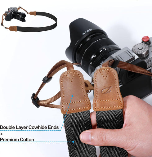 Padwa Lifestyle Black Camera Strap - Double Layer Crazy Horse Cowhide Head,1.5" Wide Pure Cotton Woven Camera Straps,Adjustable Neck Shoulder Stra...