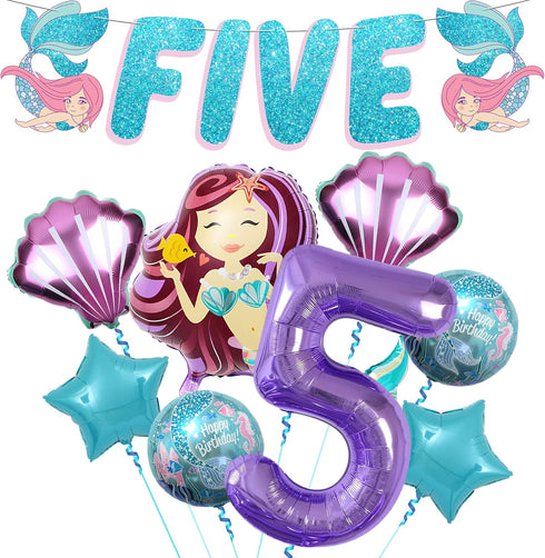 KatchOn Shiny Mermaid 5th Birthday Decorations - Pack of 9 | Mermaid Balloons, Banners, Party Decorations...