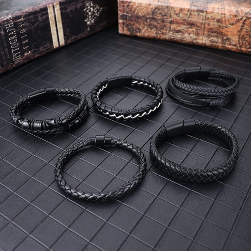 SAILIMUE 5 pcs Black Leather Bracelets for Men Women Braided Leather Wristband Cuff Bracelets Set 7.5-8.5 inch...