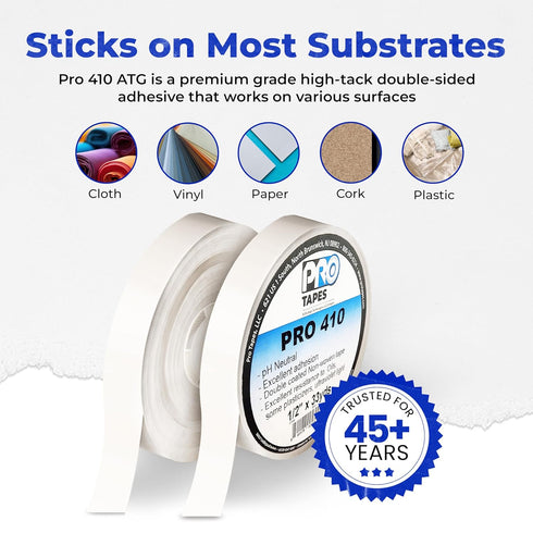 Pro® 410 ATG High-Tack Adhesive Transfer Tape - Non-Woven, PH-Neutral Double Sided Tape - Permanent Bond for Cloth, Vinyl, Cork, Paper & Plastic -...