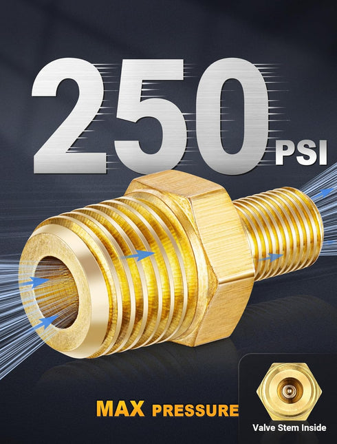 Brass Air Inflator Adapter w/Valve Stem Inside, 1/4" NPT (M) to Standard Schrader Valve (M), Tire Inflator Connector for Auto Portable Air Compres...